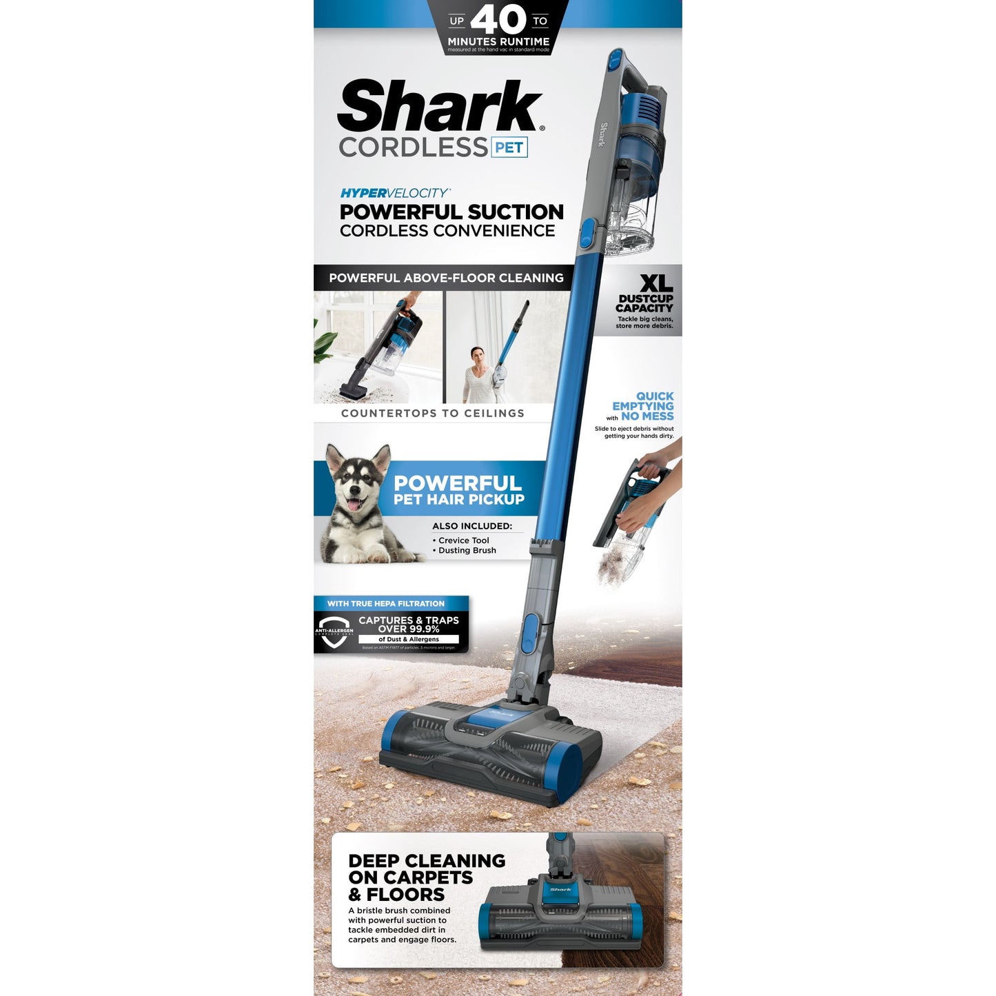 Shark Pet Cordless Stick Vacuum, Carpet and Hardfloors, Bristle Brushroll, HEPA Filtration, Detachable Handvac, 40-Min Run Time, IX140H Blue