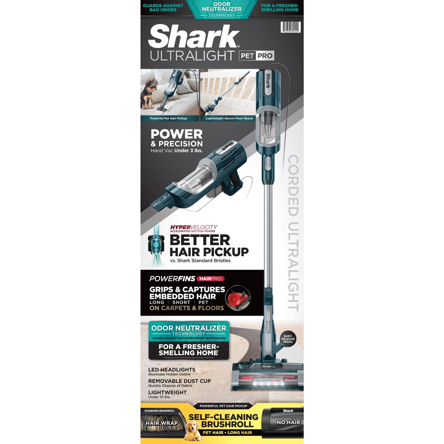 Shark UltraLight PetPro Corded Stick Vacuum, Carpet and Hardfloors, Pet Friendly, PowerFins HairPro, Odor Technology, Removable Handheld, HZ700 Blue