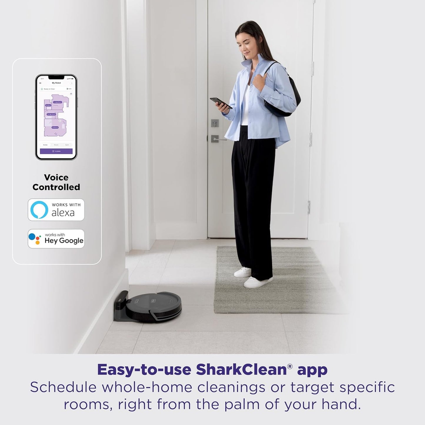 Shark Navigator Robot Vacuum with SmartPath Navigation and Self-Cleaning Brushroll, Powerful Suction, Pet Hair Pickup, Anti-Hair Wrap, for Carpets &amp; Hard Floors, Steel Grey, RV2110
