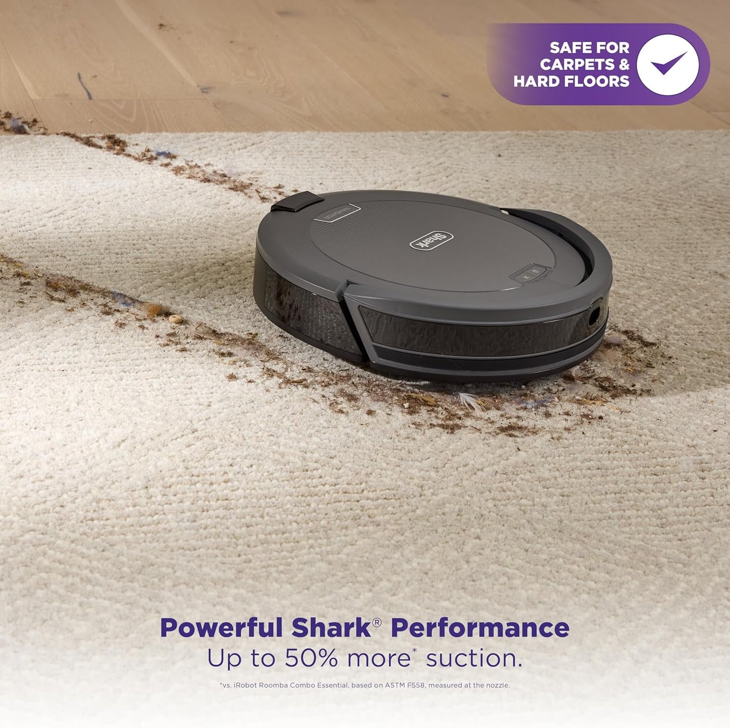 Shark Navigator Robot Vacuum with SmartPath Navigation and Self-Cleaning Brushroll, Powerful Suction, Pet Hair Pickup, Anti-Hair Wrap, for Carpets &amp; Hard Floors, Steel Grey, RV2110