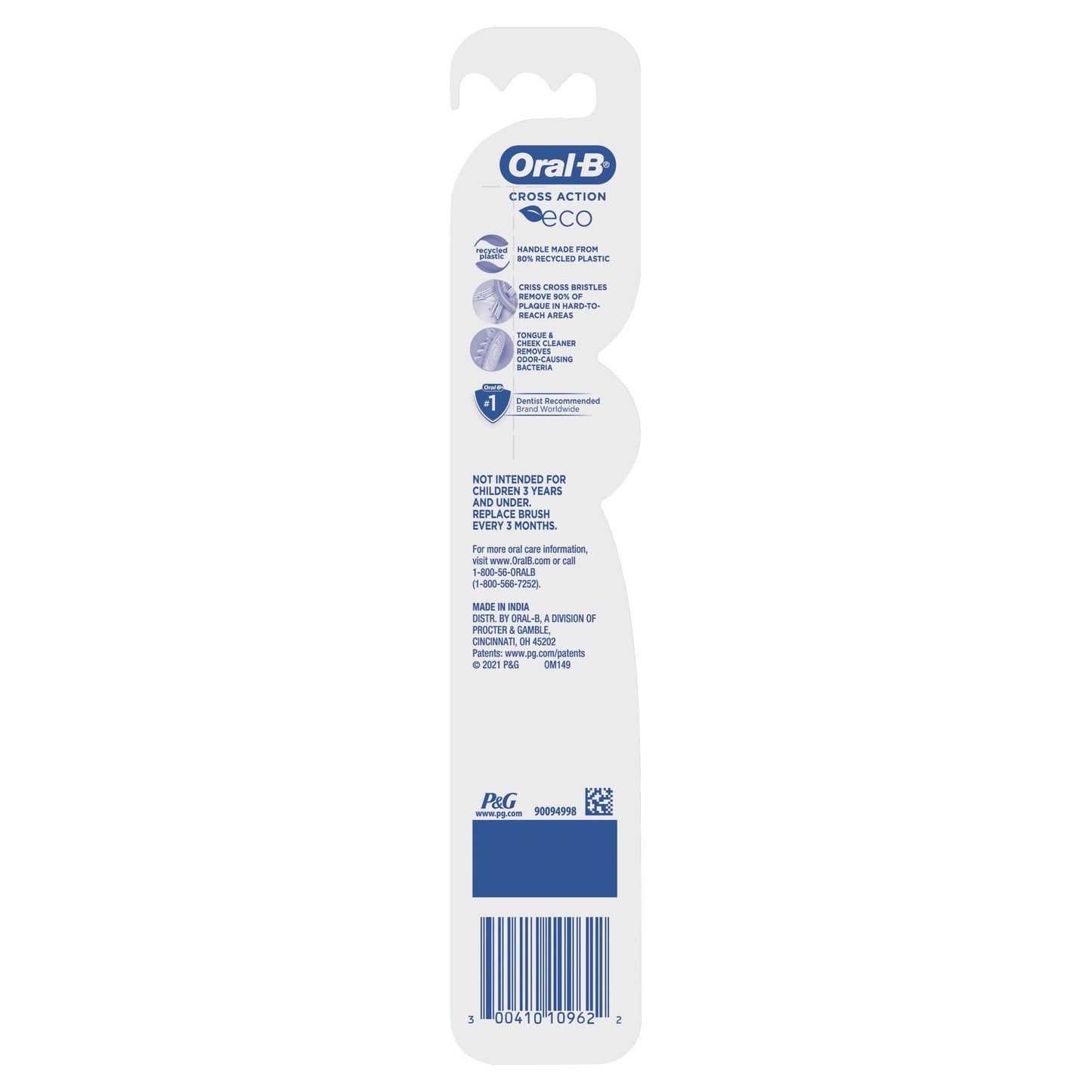 Oral-B CrossAction Eco Manual Toothbrush, Medium Bristles, 1 Count, for Adults and Children 3+