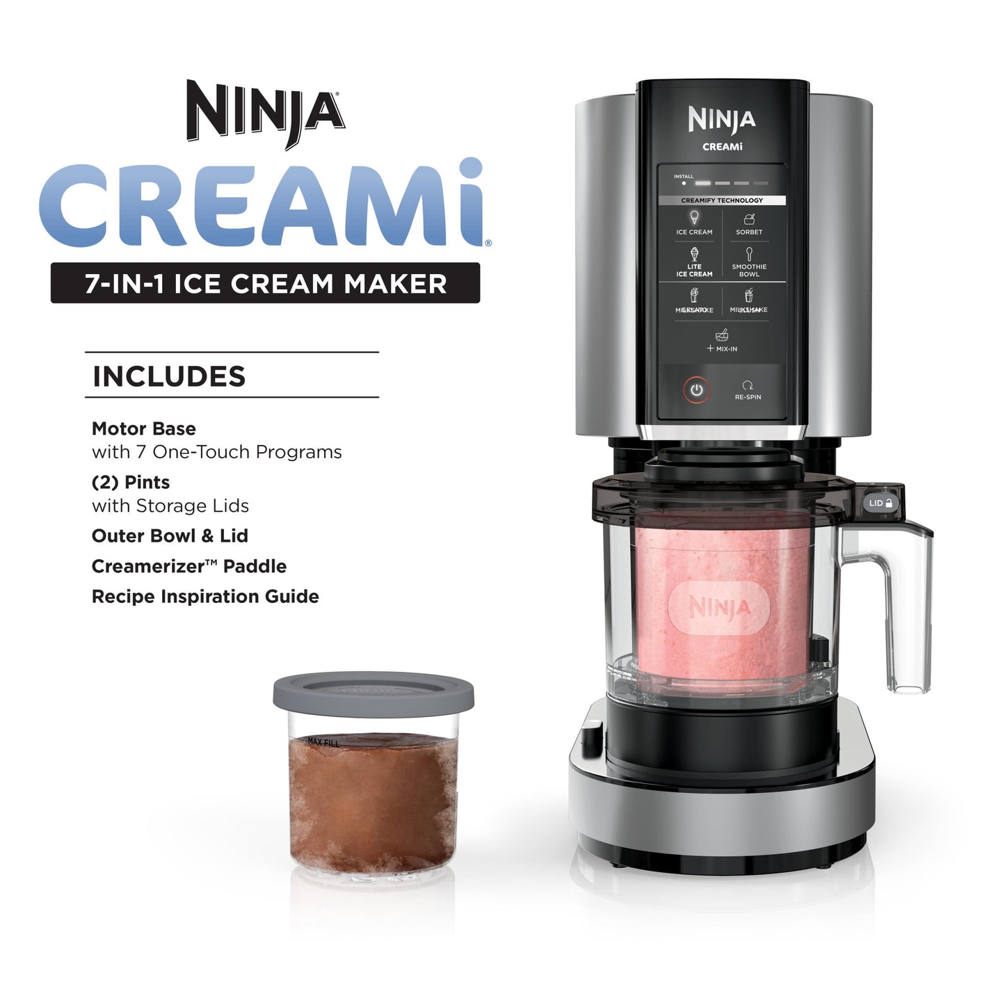 Ninja CREAMi Ice Cream Maker, for Gelato, Mix-ins, Milkshakes, Sorbet, Smoothie Bowl, 7 One-Touch Programs, (2) 16 Oz Pint Containers &amp; Lids, NC301 Cloud Silver