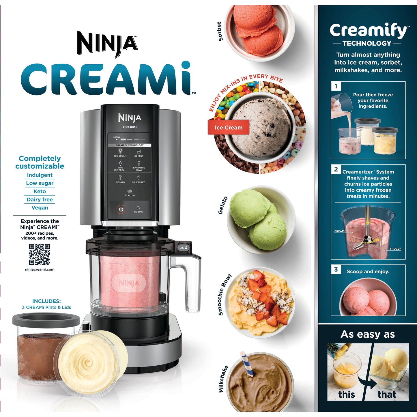 Ninja CREAMi Ice Cream Maker, for Gelato, Mix-ins, Milkshakes, Sorbet, Smoothie Bowl, 7 One-Touch Programs, (2) 16 Oz Pint Containers &amp; Lids, NC301 Cloud Silver