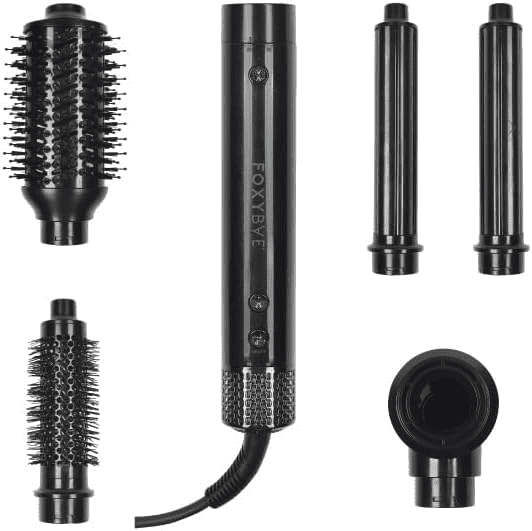 FoxyBae Super Styler Pro Interchangeable Hair Styler Wand Curling Iron Set - w/Drying Cylinder, Ceramic Blowout &amp; Round Brushes, 2 Auto-Wrap Curlers - Frizz-Free, Smooth Hair (Black Rose-Gold)