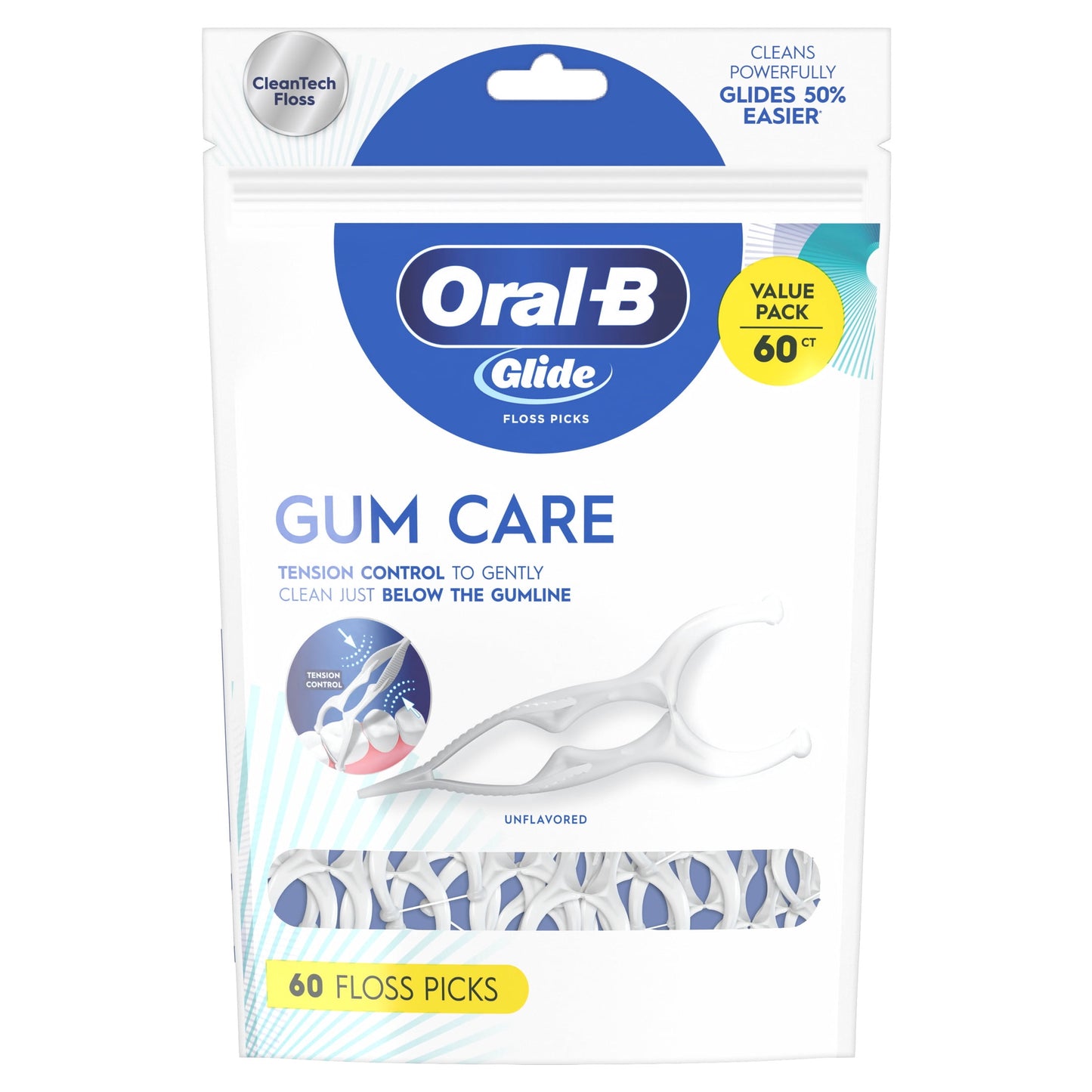 Oral-B Floss, Glide Gum Care Dental Floss Picks, Good for Back Teeth, 60 Picks