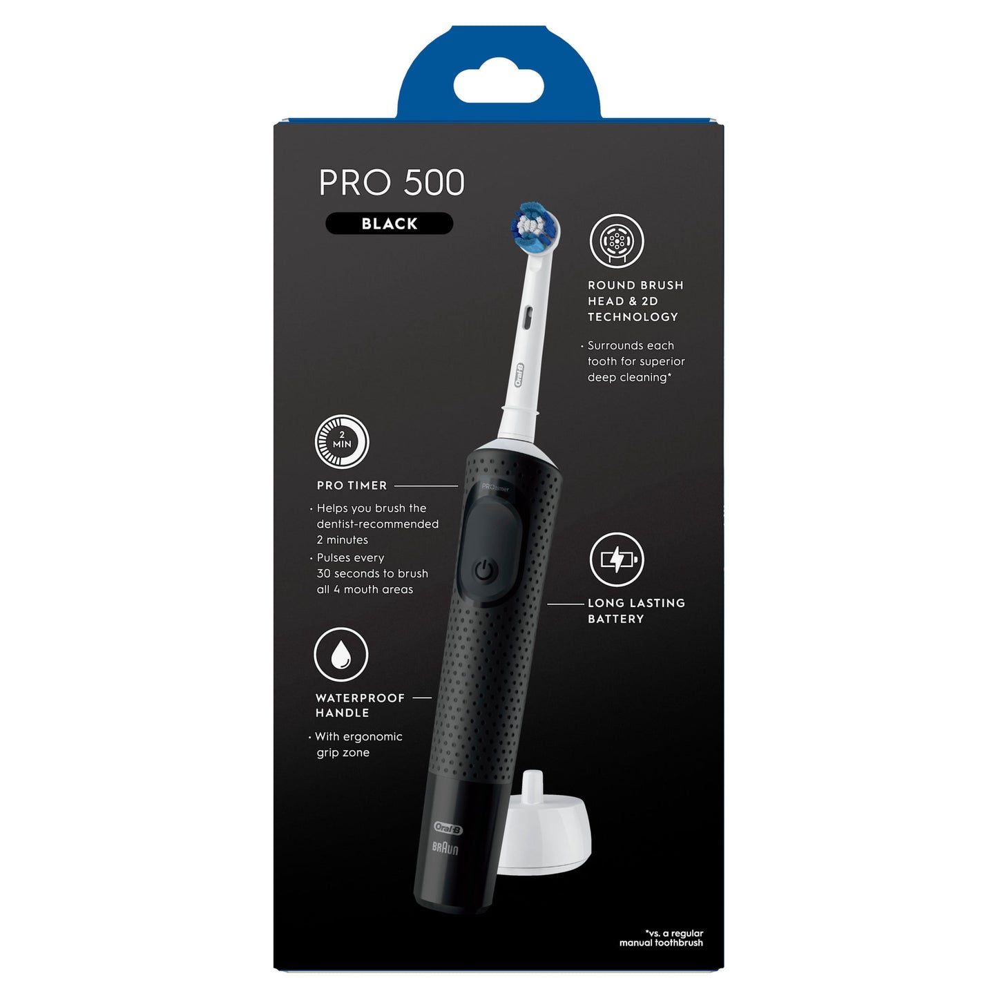 Oral‑B Pro 500 Rechargeable Electric Toothbrush, Black, 1 Count, for Adults &amp; Kids 3+