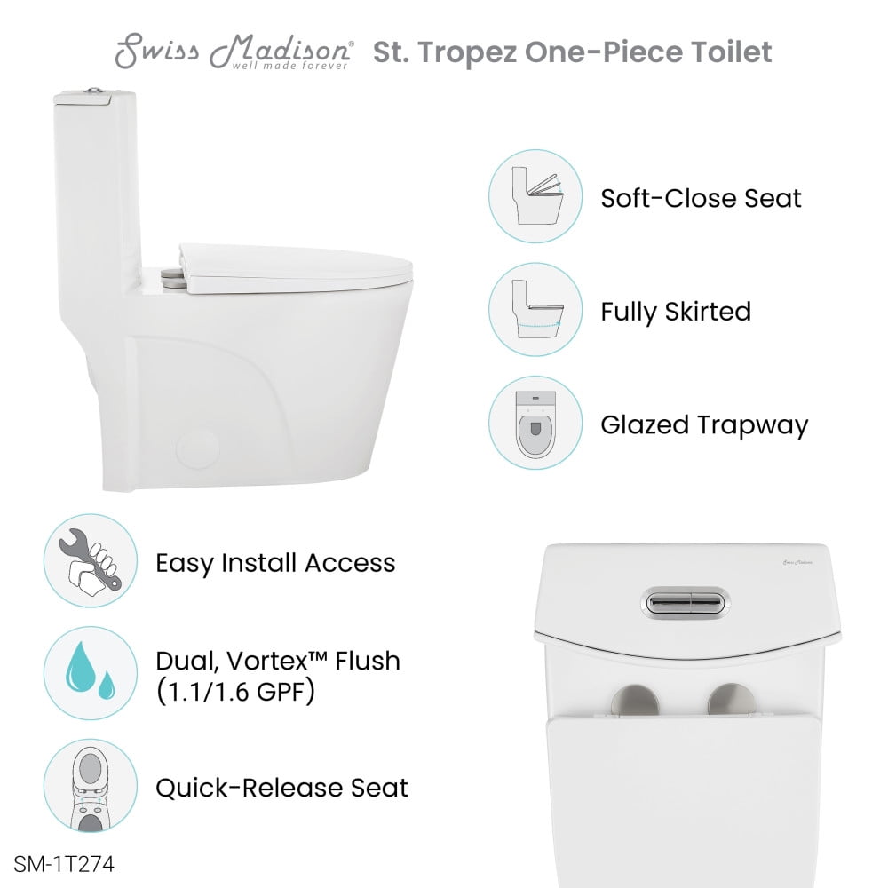 St. Tropez One Piece Elongated Toilet Dual Vortex Flush 1.1/1.6 gpf with 10" Rough In
