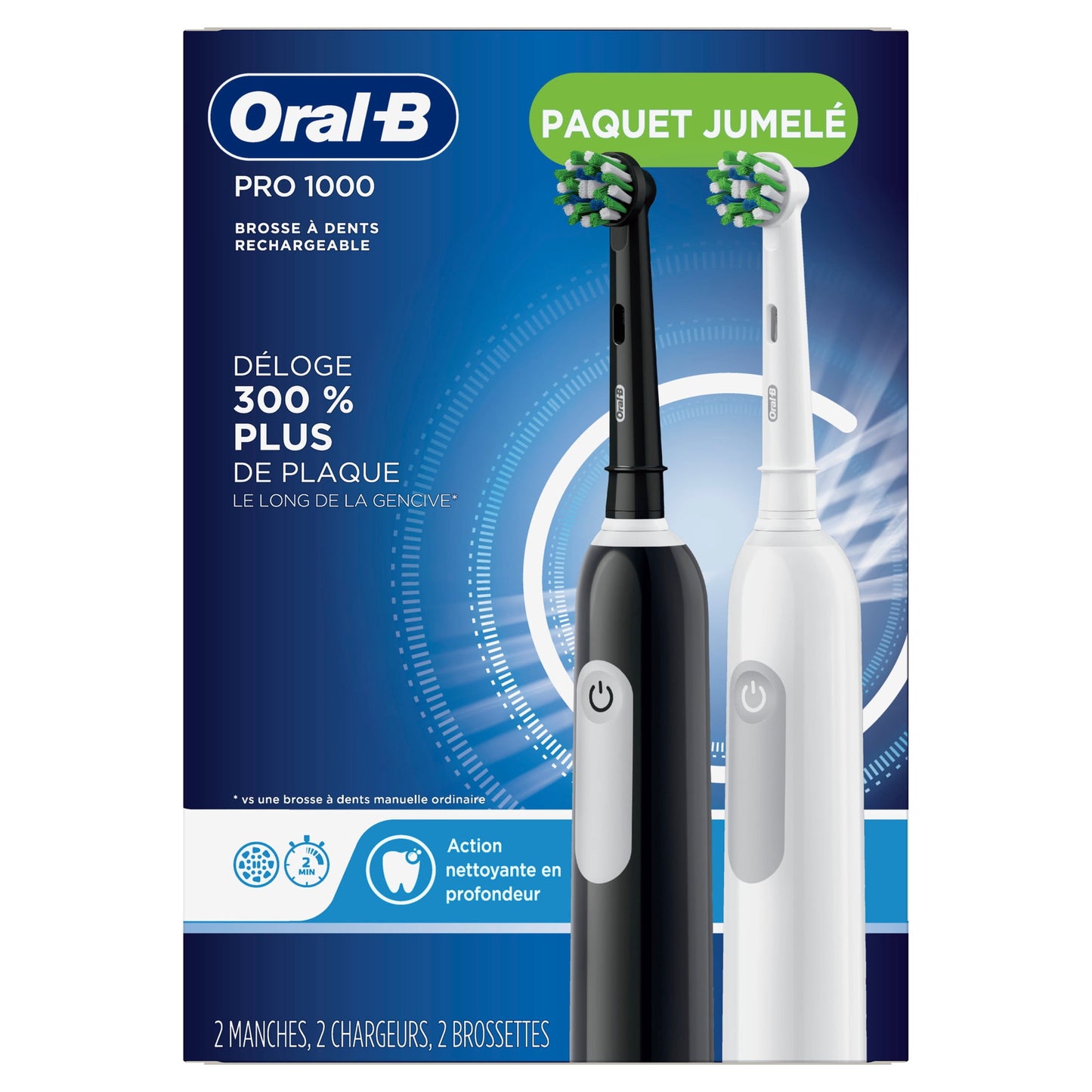 Oral-B Toothbrush, Pro 1000 CrossAction Rechargeable Electric Toothbrush Pack, Black and White, 2 Count
