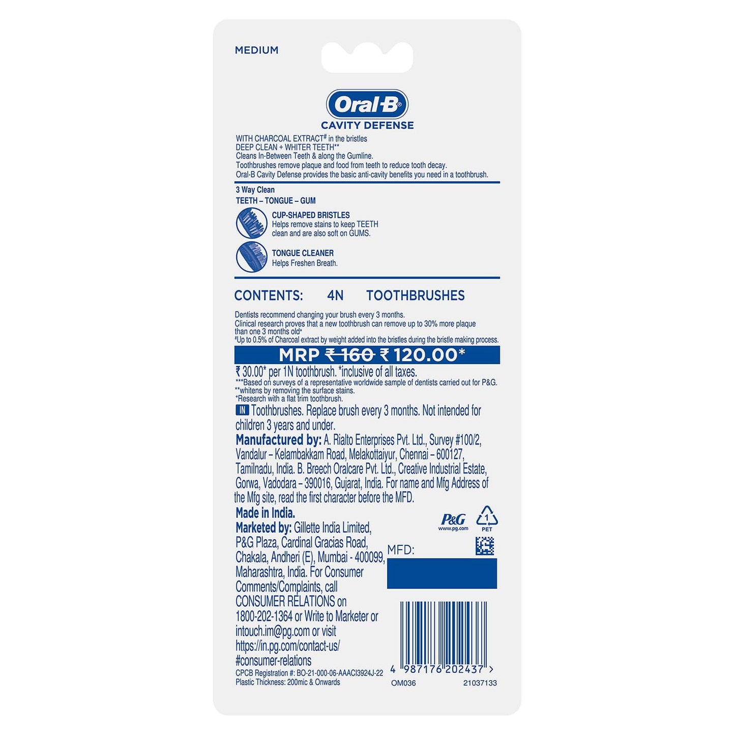 Oral B Cavity Defense 123 Black Toothbrush Medium (Pack of 4)