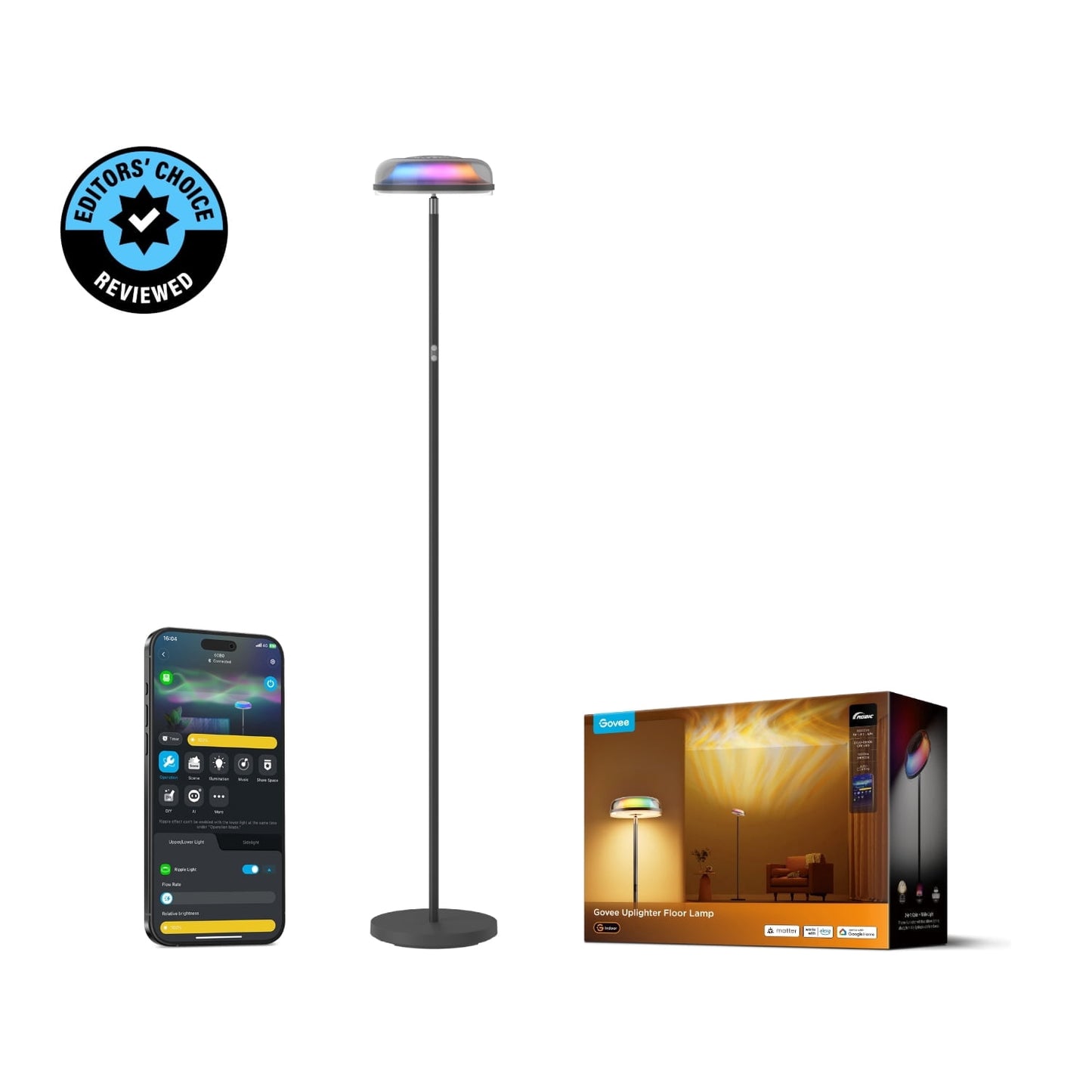Govee Floor Lamp RGBIC Ripple Projector Modern Style - LED, Dimmable, 1000lm, White