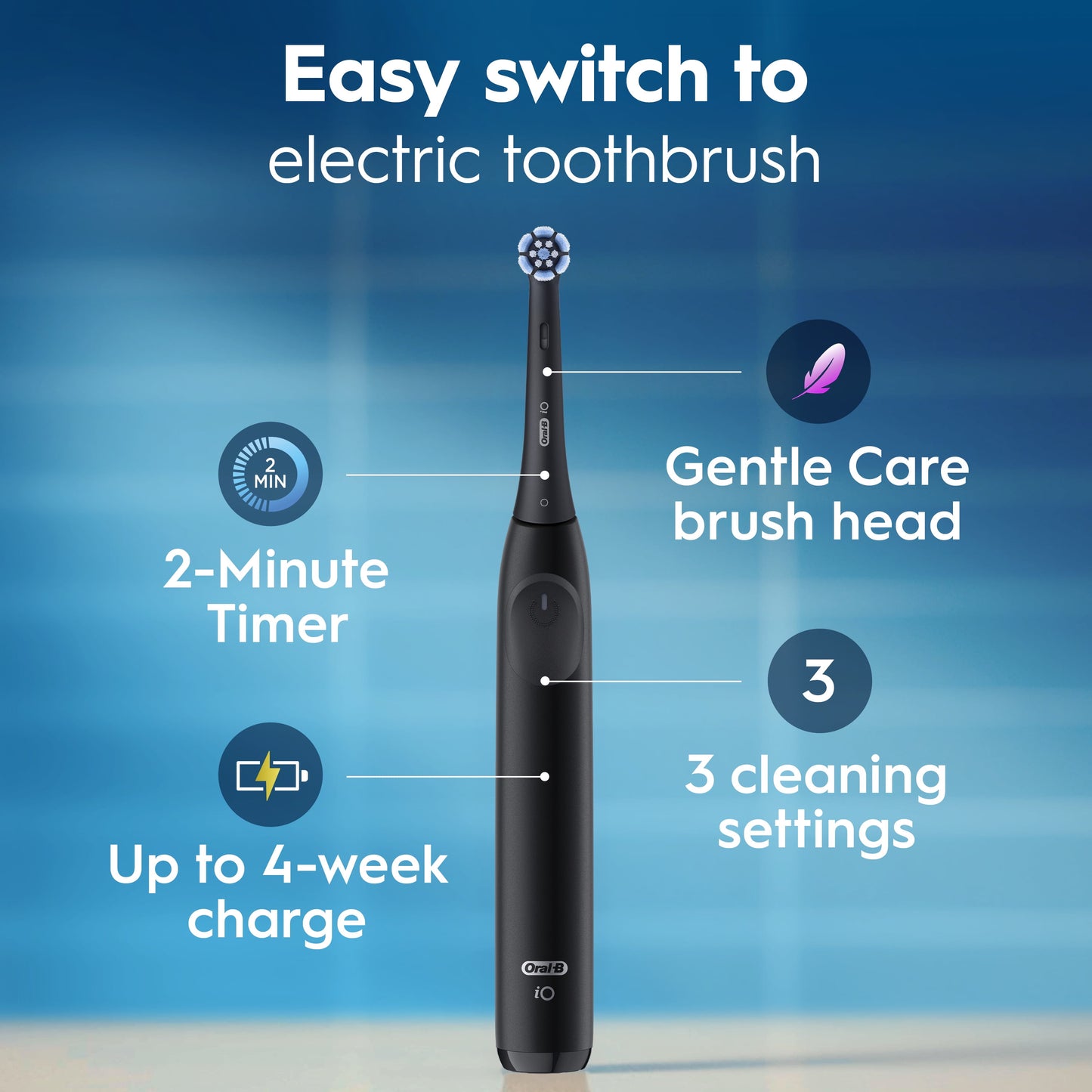 Oral-B Toothbrush, iO Series 2 Rechargeable Electric Toothbrush for Adults &amp; Kids 3+, Night Black, 1 Gentle Care Brush Head