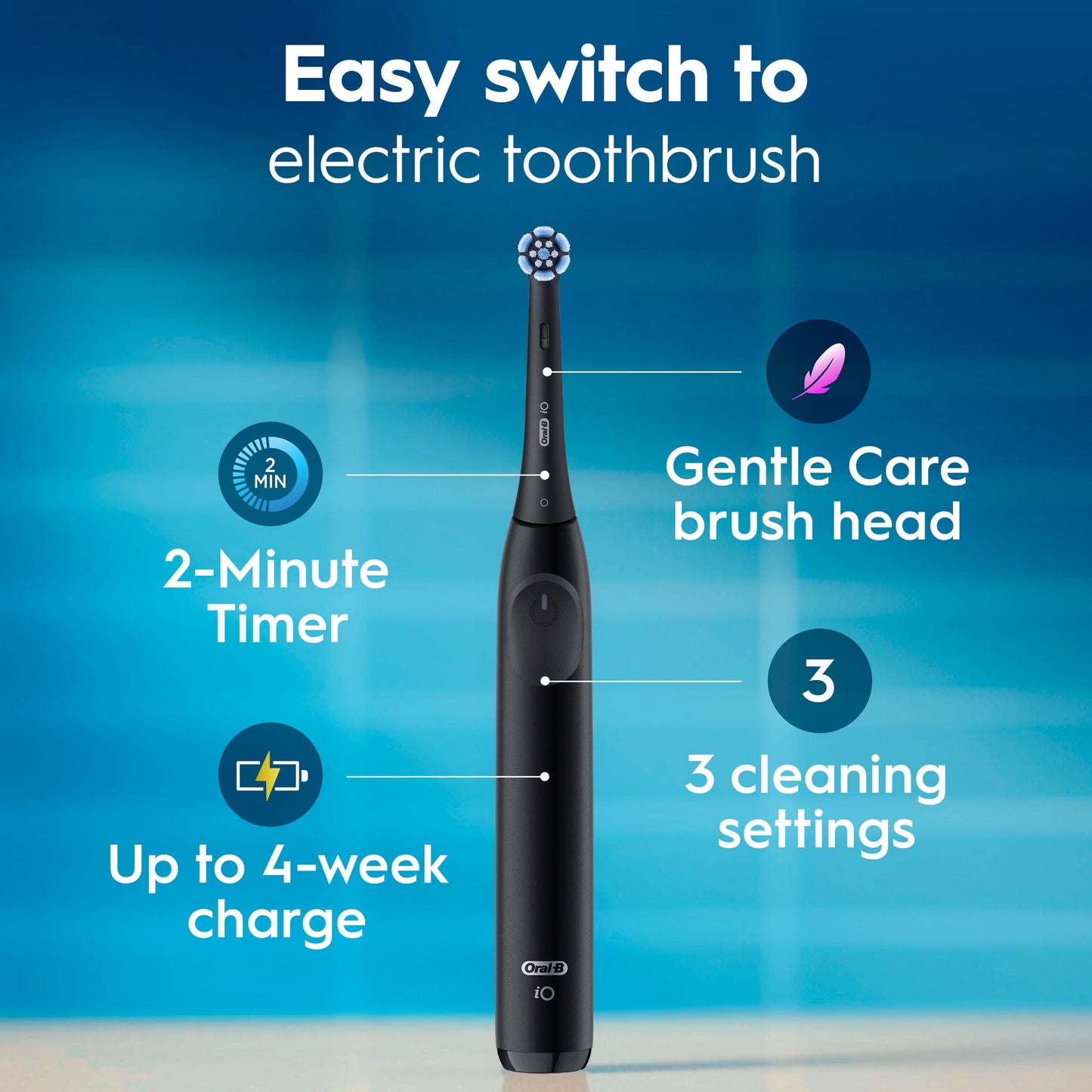 Oral-B Toothbrush, iO Series 2 Rechargeable Electric Toothbrush for Adults &amp; Kids 3+, Night Black, 1 Gentle Care Brush Head