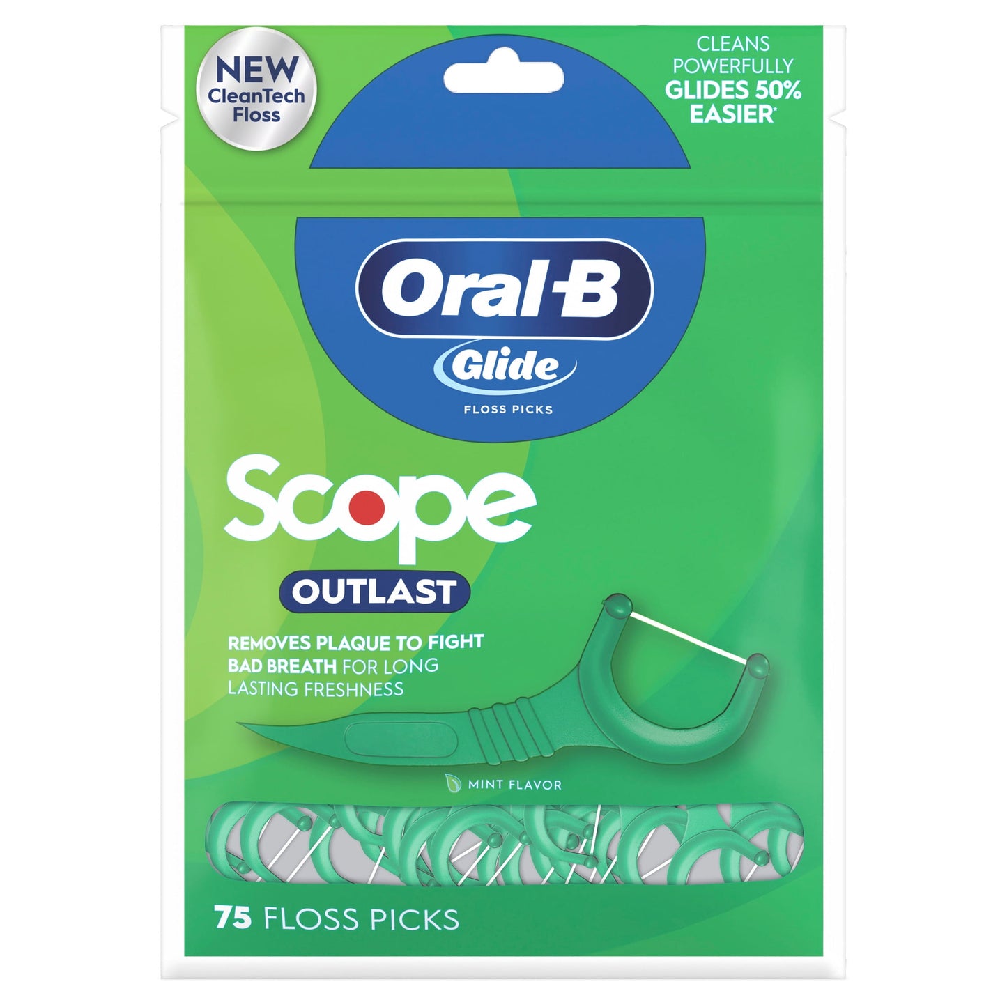 Oral-B Floss, Glide Mint Dental Floss Picks with Long Lasting Scope Flavor, 75 Picks