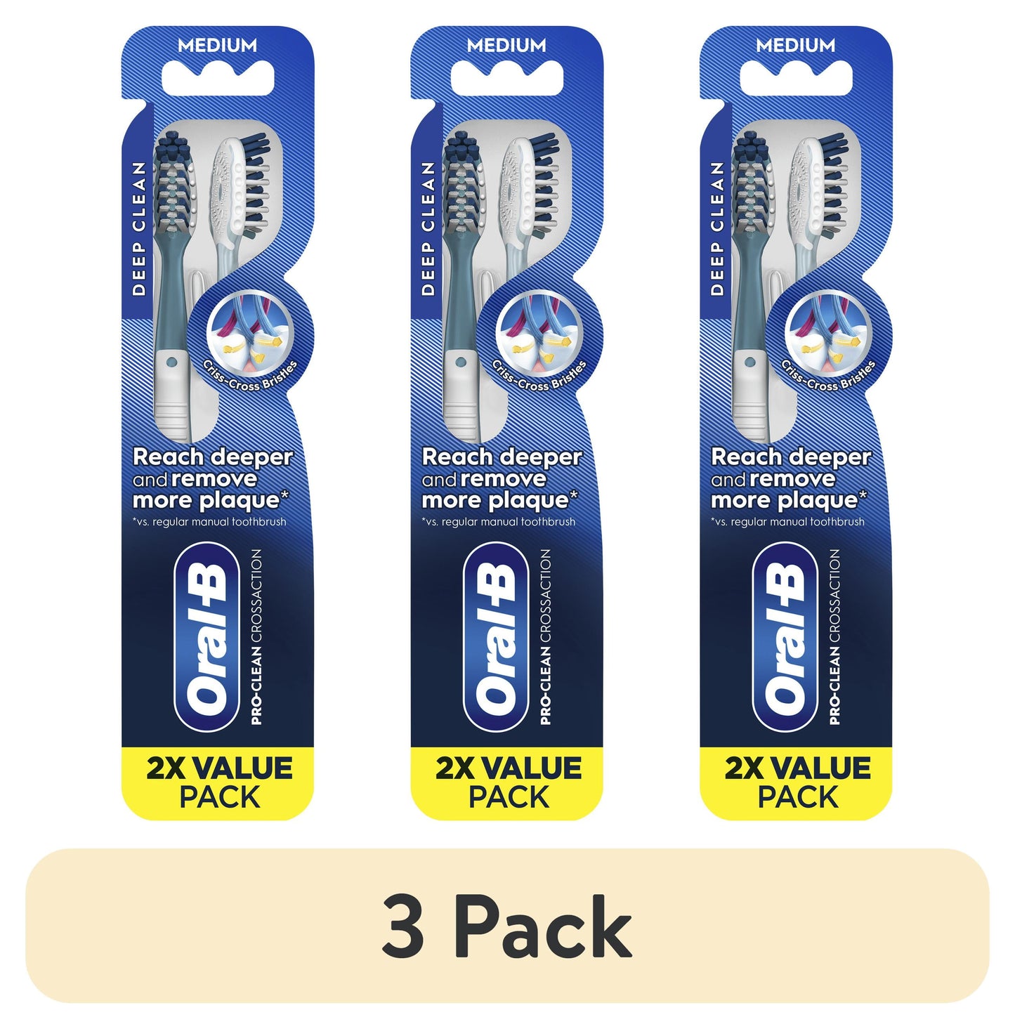 Oral-B Toothbrush Pro Clean Cross Action, Deep Plaque Removal, Medium, 2 Count