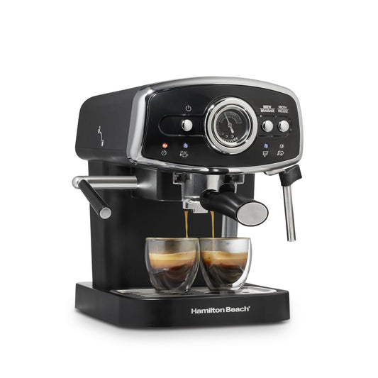 Hamilton Beach 15-Bar, 2 Cup Espresso Machine, Slide &amp; Lock Espresso Maker with Milk Frother, Black &amp; Chrome