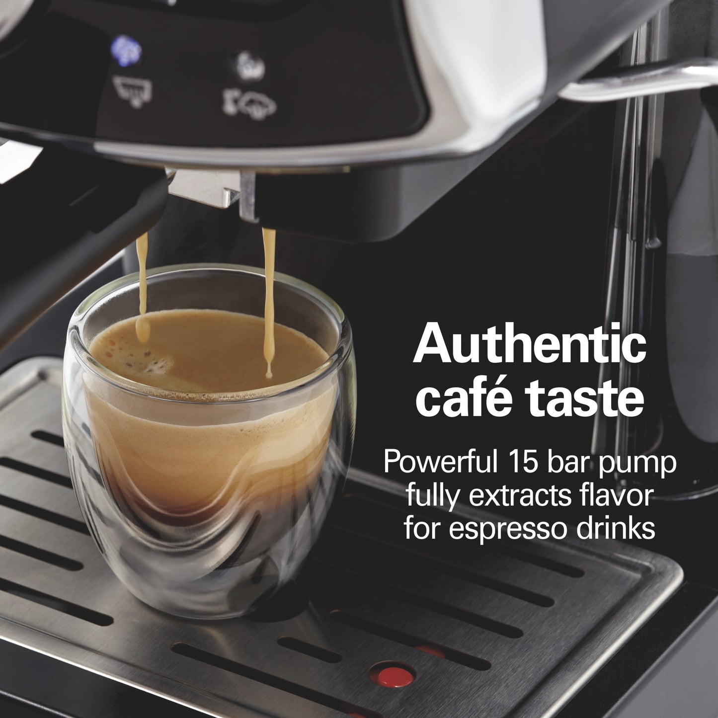 Hamilton Beach 15-Bar, 2 Cup Espresso Machine, Slide &amp; Lock Espresso Maker with Milk Frother, Black &amp; Chrome