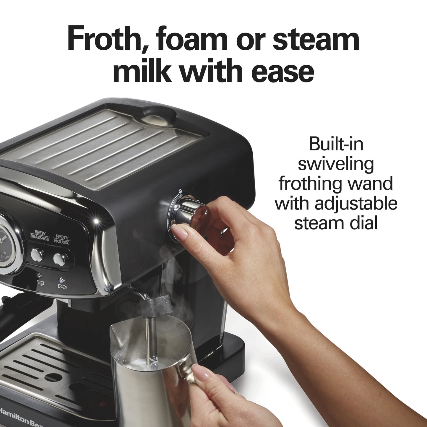 Hamilton Beach 15-Bar, 2 Cup Espresso Machine, Slide &amp; Lock Espresso Maker with Milk Frother, Black &amp; Chrome