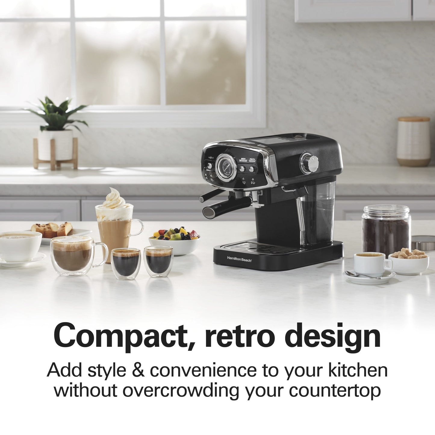 Hamilton Beach 15-Bar, 2 Cup Espresso Machine, Slide &amp; Lock Espresso Maker with Milk Frother, Black &amp; Chrome