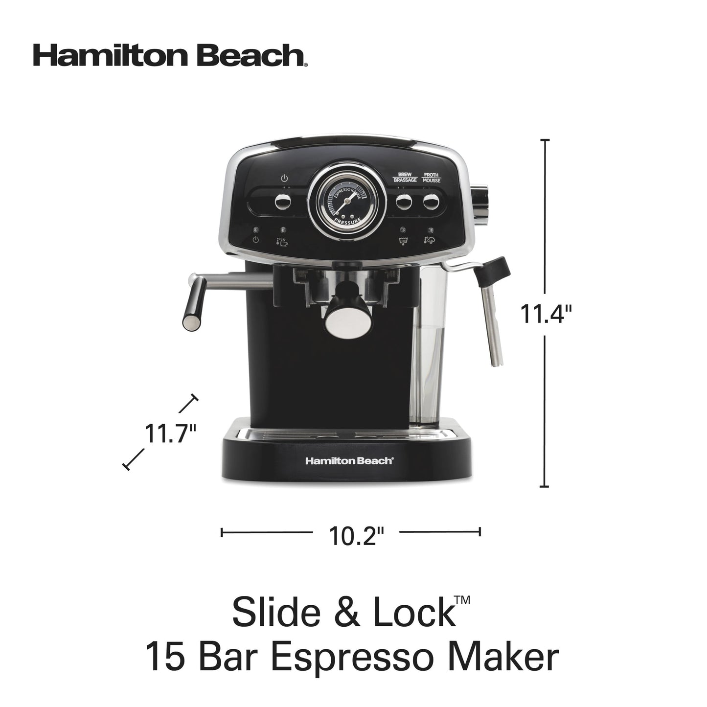 Hamilton Beach 15-Bar, 2 Cup Espresso Machine, Slide &amp; Lock Espresso Maker with Milk Frother, Black &amp; Chrome