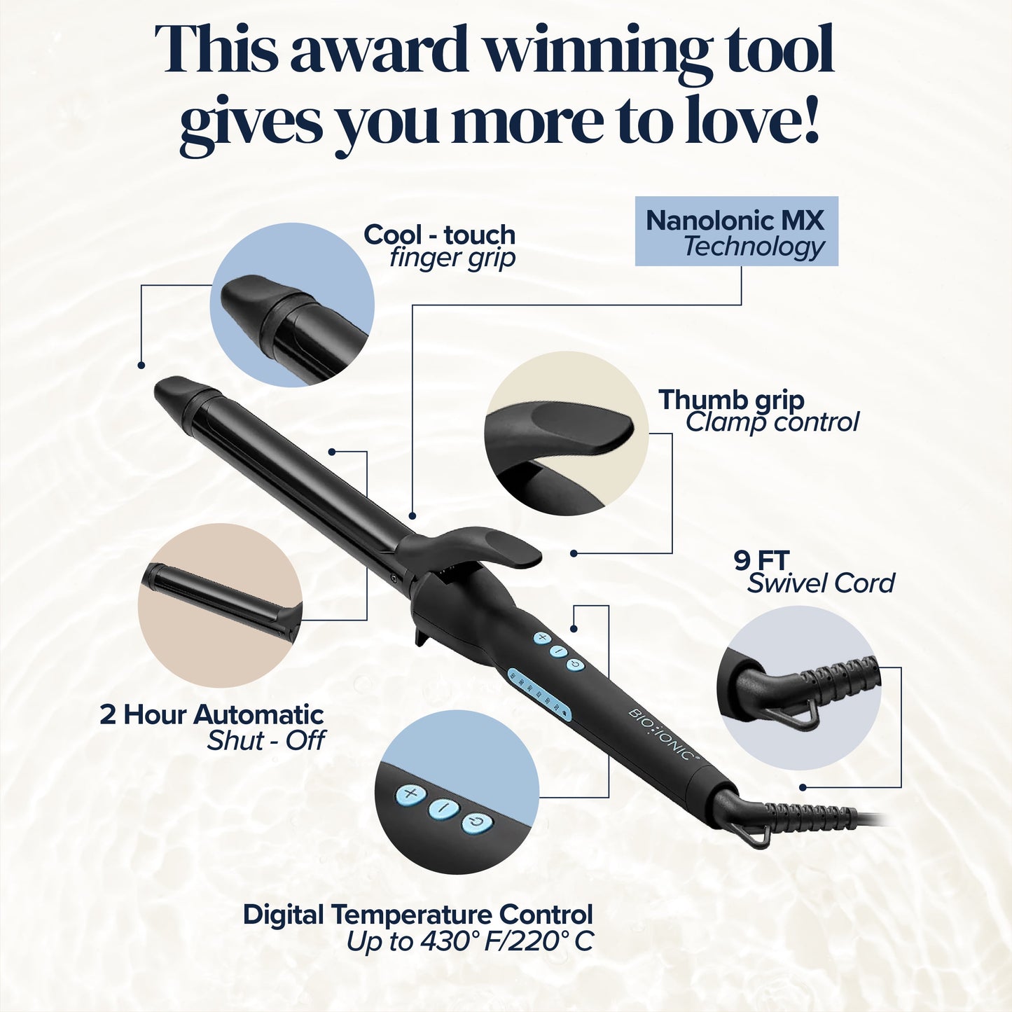Bio Ionic Long Barrel Styler, 1" Curling Iron, Curling Wand, Adjustable Heat Hair Curler