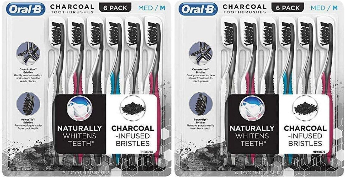 Oral-B Charcoal Toothbrush 12 Pack - Medium Bristles - Oral Care Dental Kit