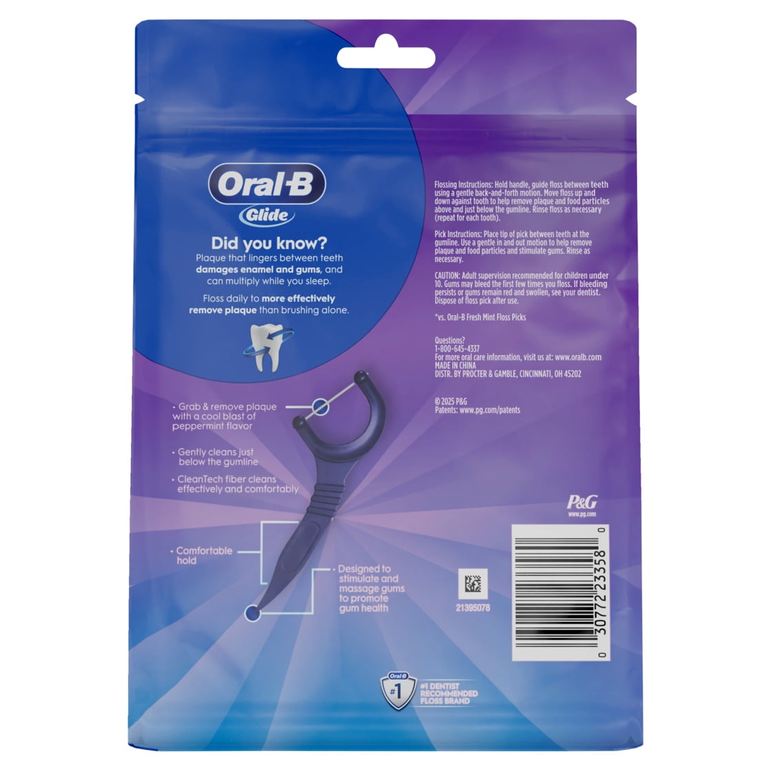 Oral-B Glide Peppermint Dental Floss Picks with Arctic Peppermint Oil Flavor, 225 Picks