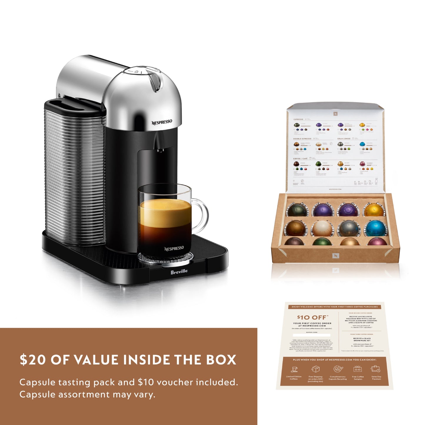 Nespresso Vertuo Coffee &amp; Espresso Single-Serve Machine in Chrome, BNV220CRO1BUC1