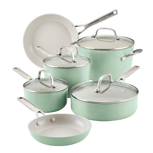 KitchenAid Hard Anodized 10 Pcs Ceramic Nonstick Cookware Pots and Pans Set, Oven Safe to 500°F, Pistachio