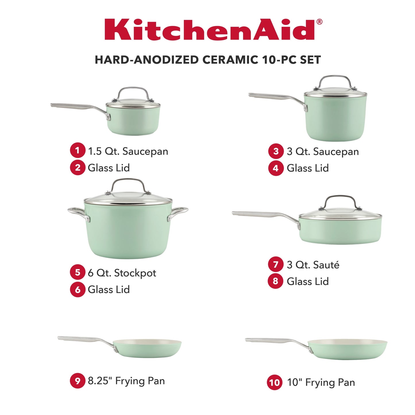KitchenAid Hard Anodized 10 Pcs Ceramic Nonstick Cookware Pots and Pans Set, Oven Safe to 500°F, Pistachio