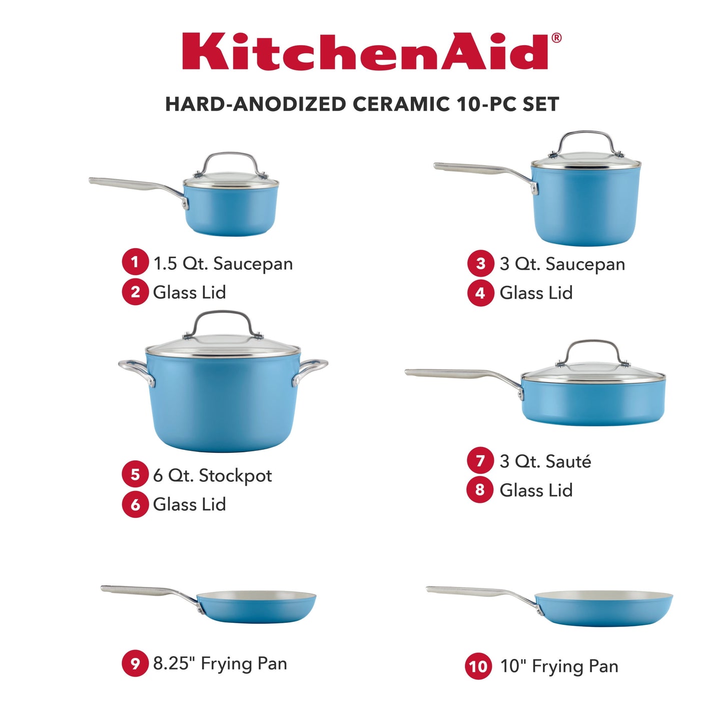 KitchenAid Hard Anodized 10 Pcs Ceramic Nonstick Cookware Pots and Pans Set, Oven Safe to 500°F, Pistachio