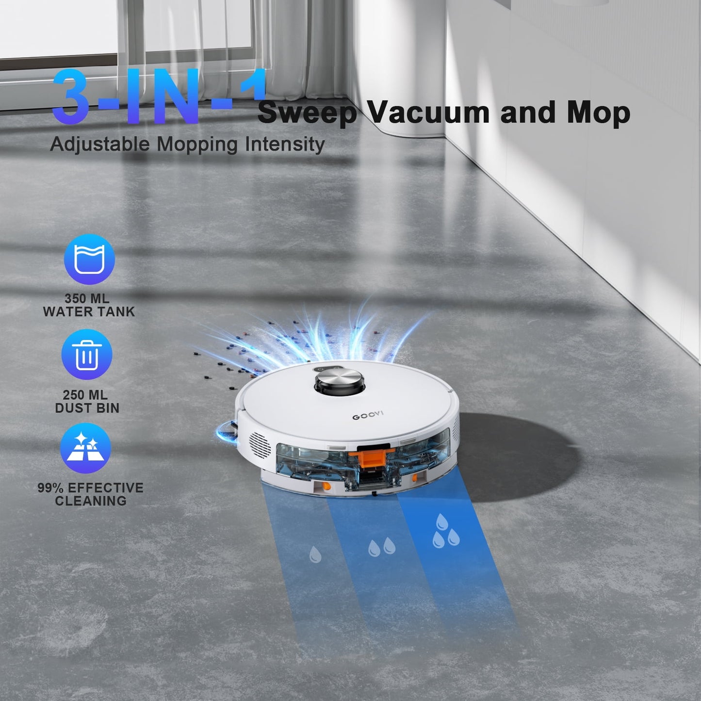 GOOVI Robot Vacuum and Mop Combo with 3D Home Mapping, Self-Emptying Base for 70 Days, 220 Mins Runtime, Pet Friendly Anti-Tangle