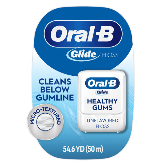 Oral-B Floss, Glide Healthy Gums Unflavored Dental Floss, Smooth, Strong, Shred Resistant 50m