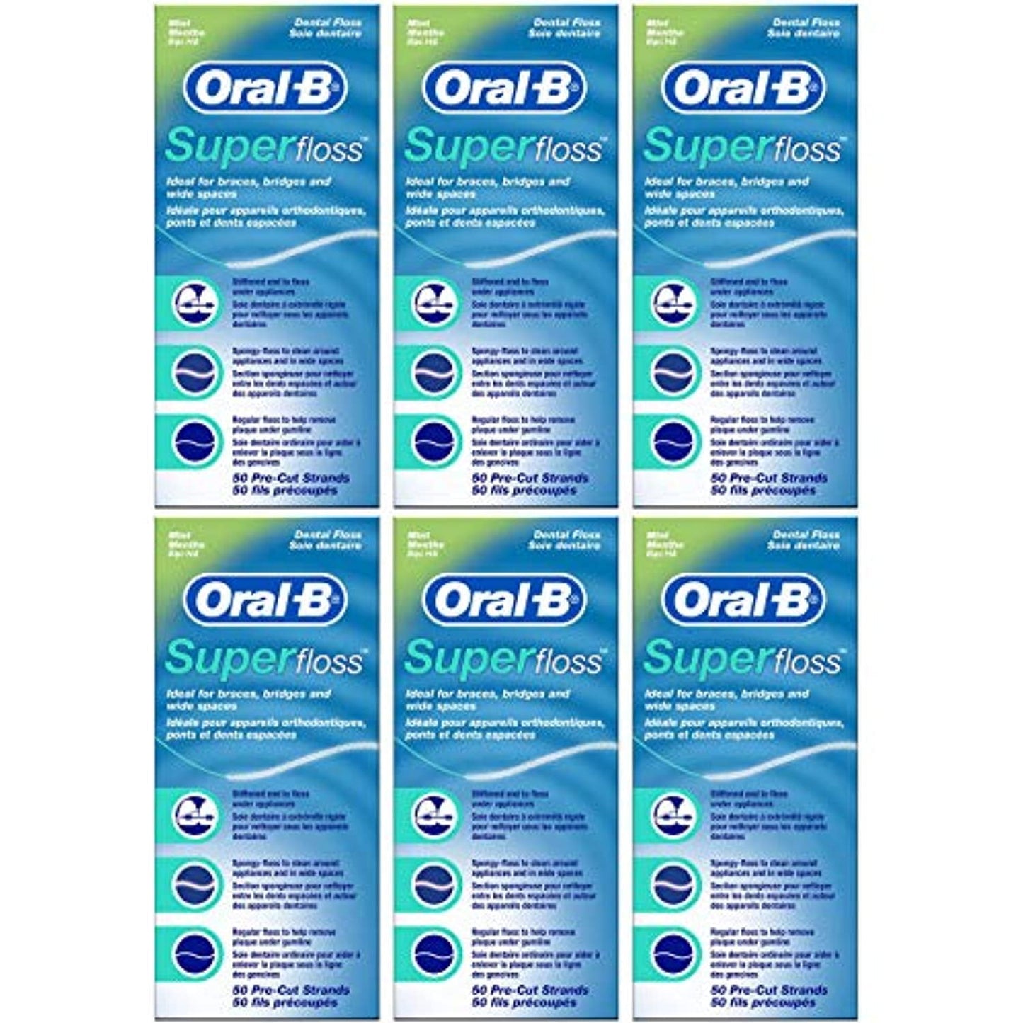 Oral-B Super Floss Mint .. .. Dental Floss for .. Braces .. Bridges - .. 50 Strips .. (Pack .. of 6)