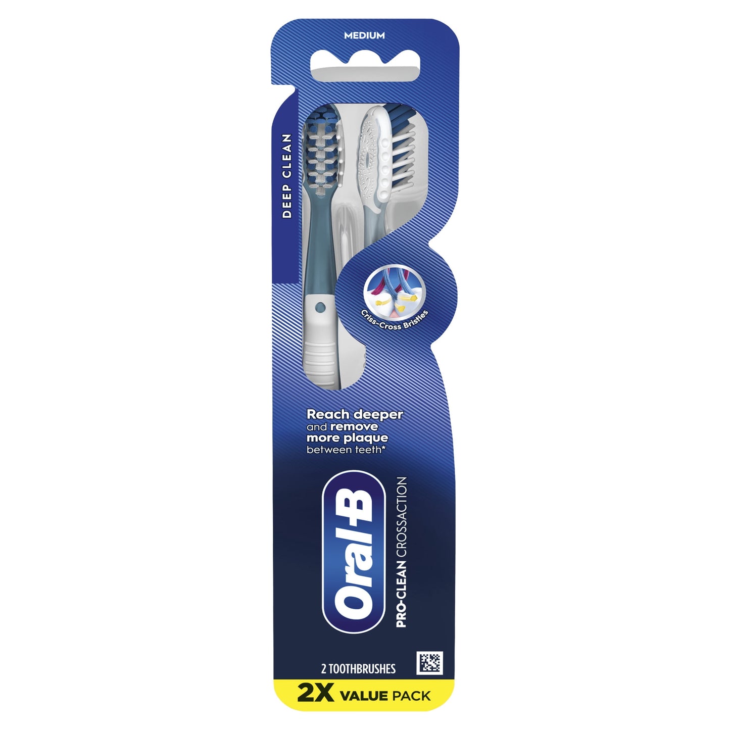 Oral-B Toothbrush Pro Clean Cross Action, Deep Plaque Removal, Medium, 2 Count