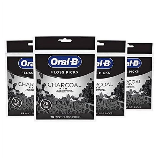 Oral B Charcoal Infused Mint Dental Floss Picks, 75 Count, Pack Of 4
