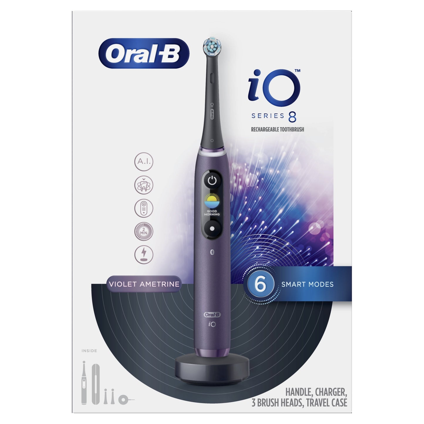 Oral-B iO Series 8 Electric Toothbrush with 3 Brush Heads, Violet Ametrine, for Adults and Children 3+.