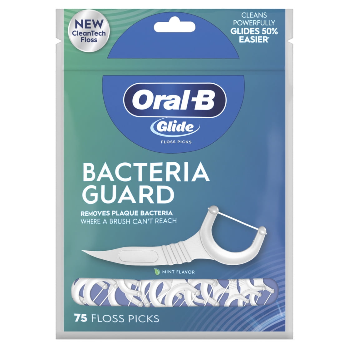Oral-B Glide Bacteria Guard Dental Floss Picks, Mint, 75 Picks