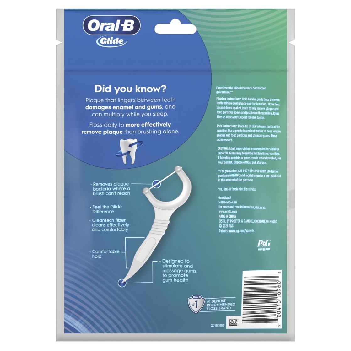 Oral-B Glide Bacteria Guard Dental Floss Picks, Mint, 75 Picks