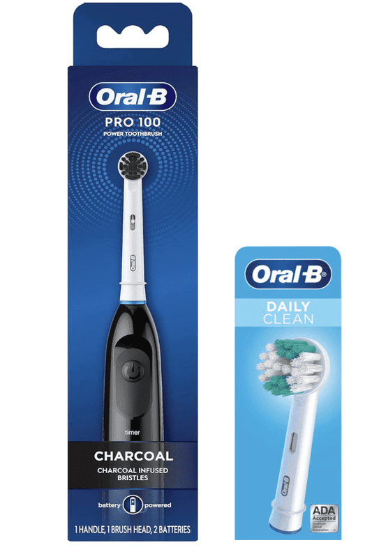 Oral-B Pro 100 Battery Electric Toothbrush, Charcoal Black, Includes 1 Daily Clean Replacement Brush Head Includes 2 batteries