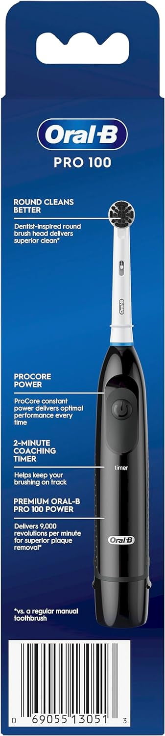 Oral-B Pro 100 Battery Electric Toothbrush, Charcoal Black, Includes 1 Daily Clean Replacement Brush Head Includes 2 batteries