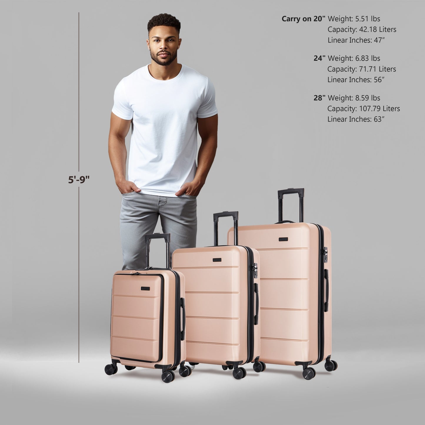 InUSA Elysian 3-Piece Hardside Luggage Sets with Spinner Wheels, Handle, Trolley, (20"/24"/28"), Champagne