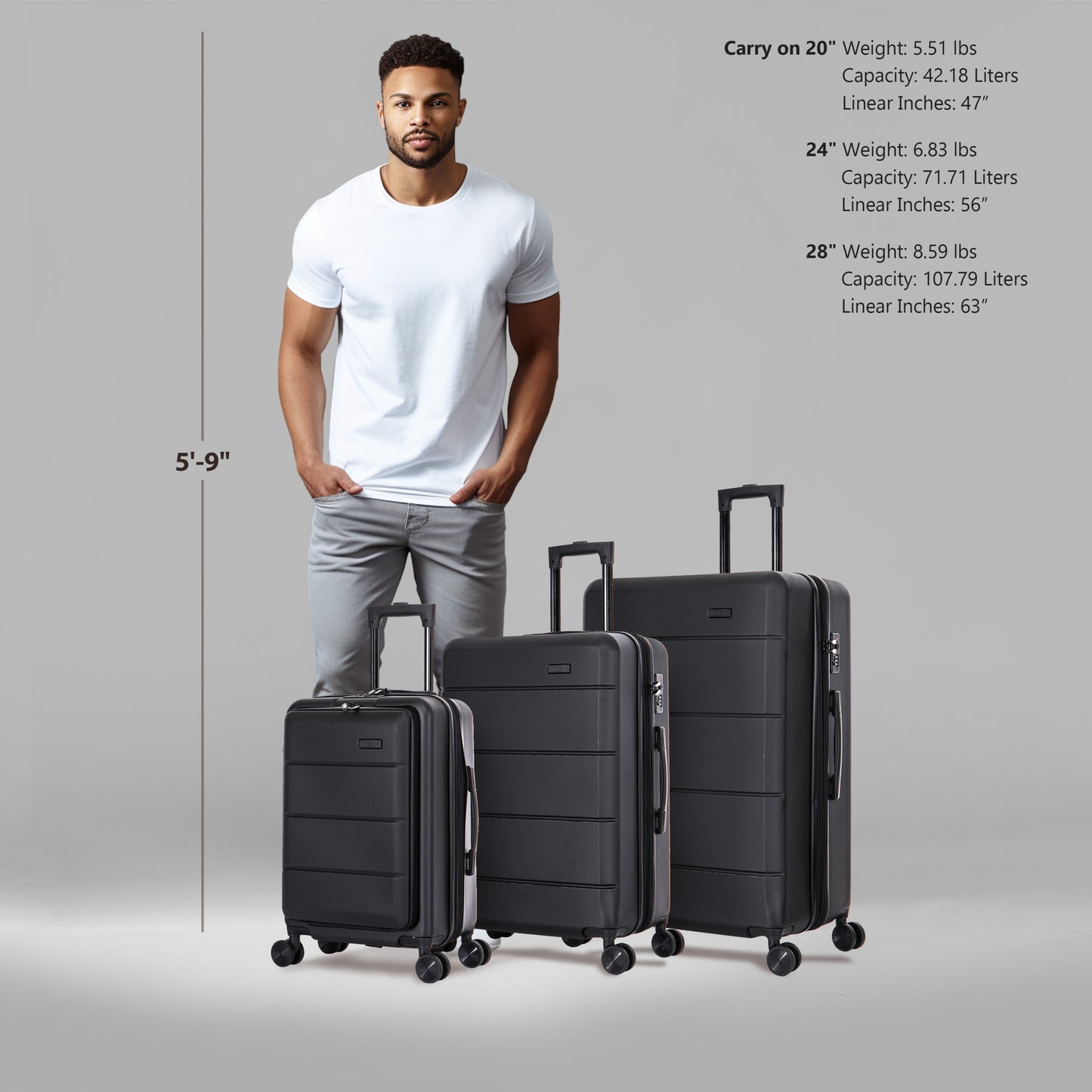 InUSA Elysian 3-Piece Hardside Luggage Sets with Spinner Wheels, Handle, Trolley, (20"/24"/28"), Champagne