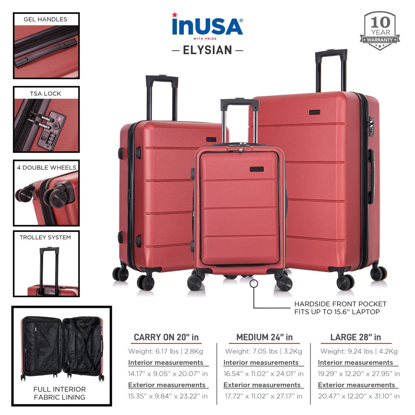 InUSA Elysian 3-Piece Hardside Luggage Sets with Spinner Wheels, Handle, Trolley, (20"/24"/28"), Champagne
