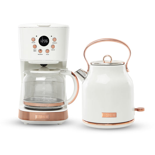 Haden Coffee Maker &amp; Heritage 1.7 Liter Electric Kettle, Ivory &amp; Copper
