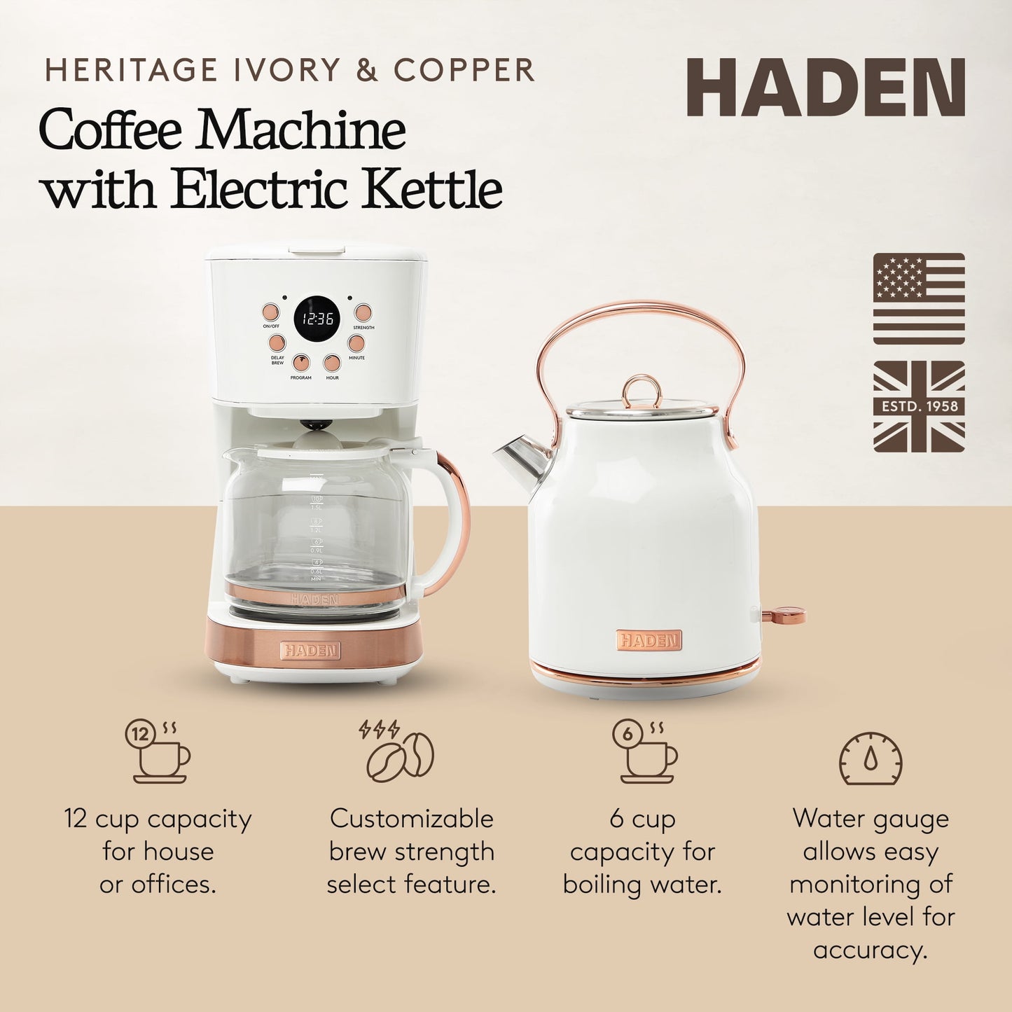 Haden Coffee Maker &amp; Heritage 1.7 Liter Electric Kettle, Ivory &amp; Copper