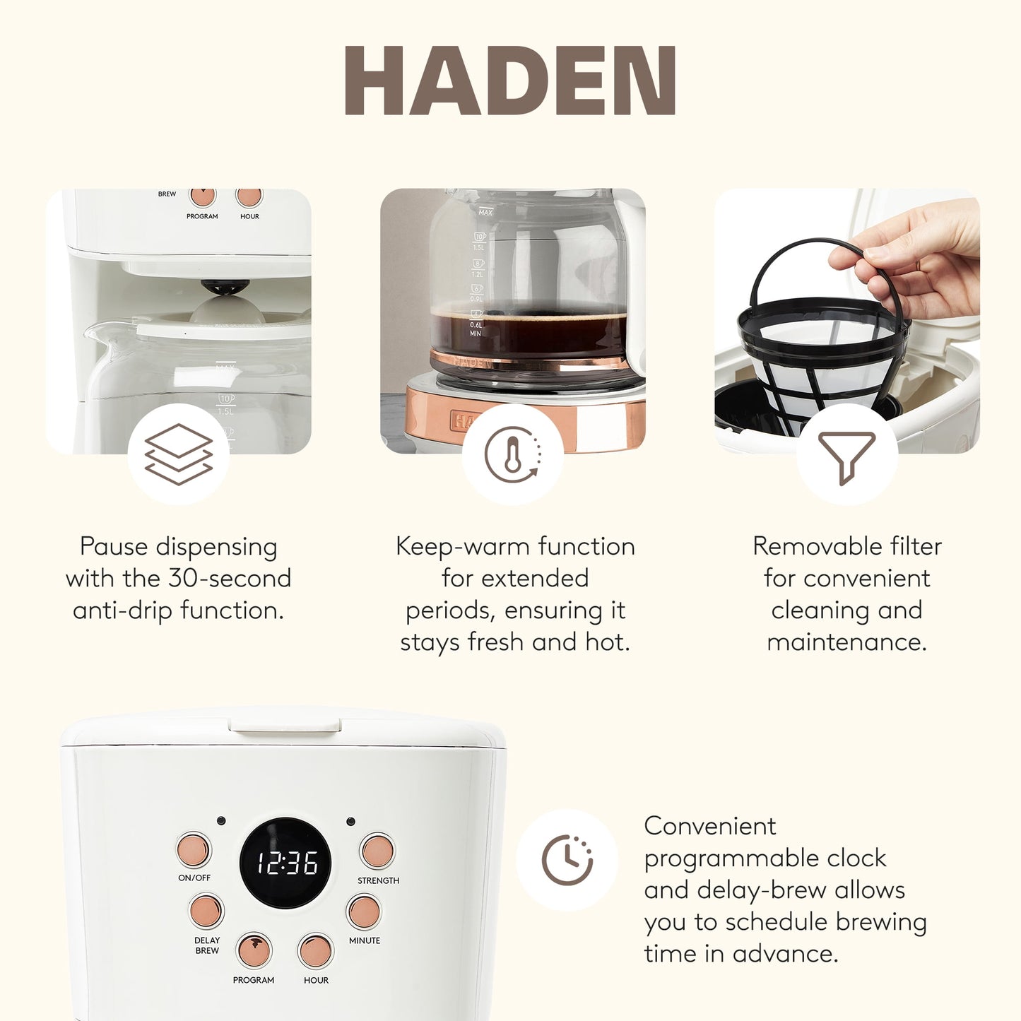 Haden Coffee Maker &amp; Heritage 1.7 Liter Electric Kettle, Ivory &amp; Copper