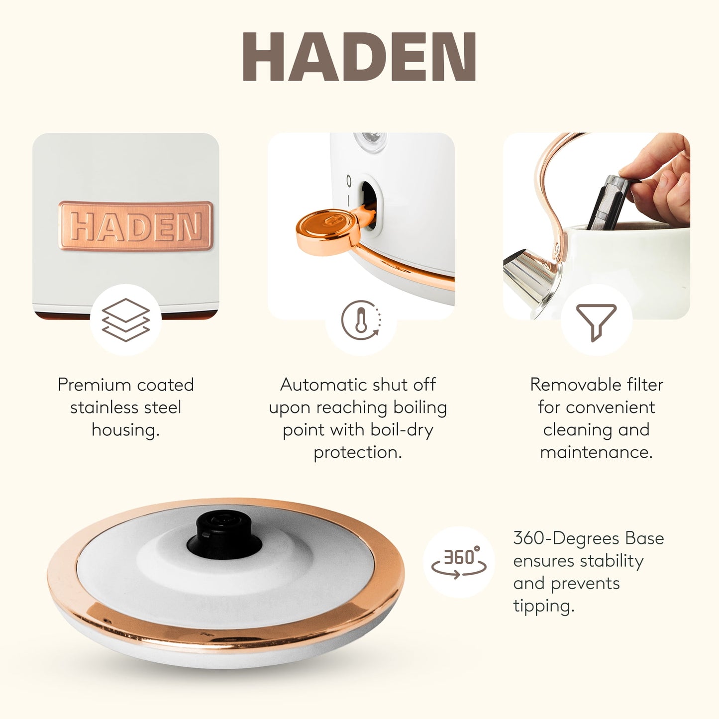 Haden Coffee Maker &amp; Heritage 1.7 Liter Electric Kettle, Ivory &amp; Copper