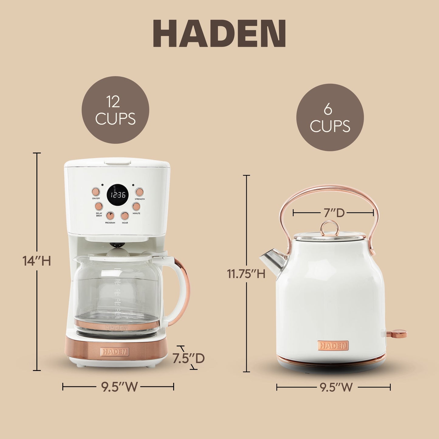 Haden Coffee Maker &amp; Heritage 1.7 Liter Electric Kettle, Ivory &amp; Copper