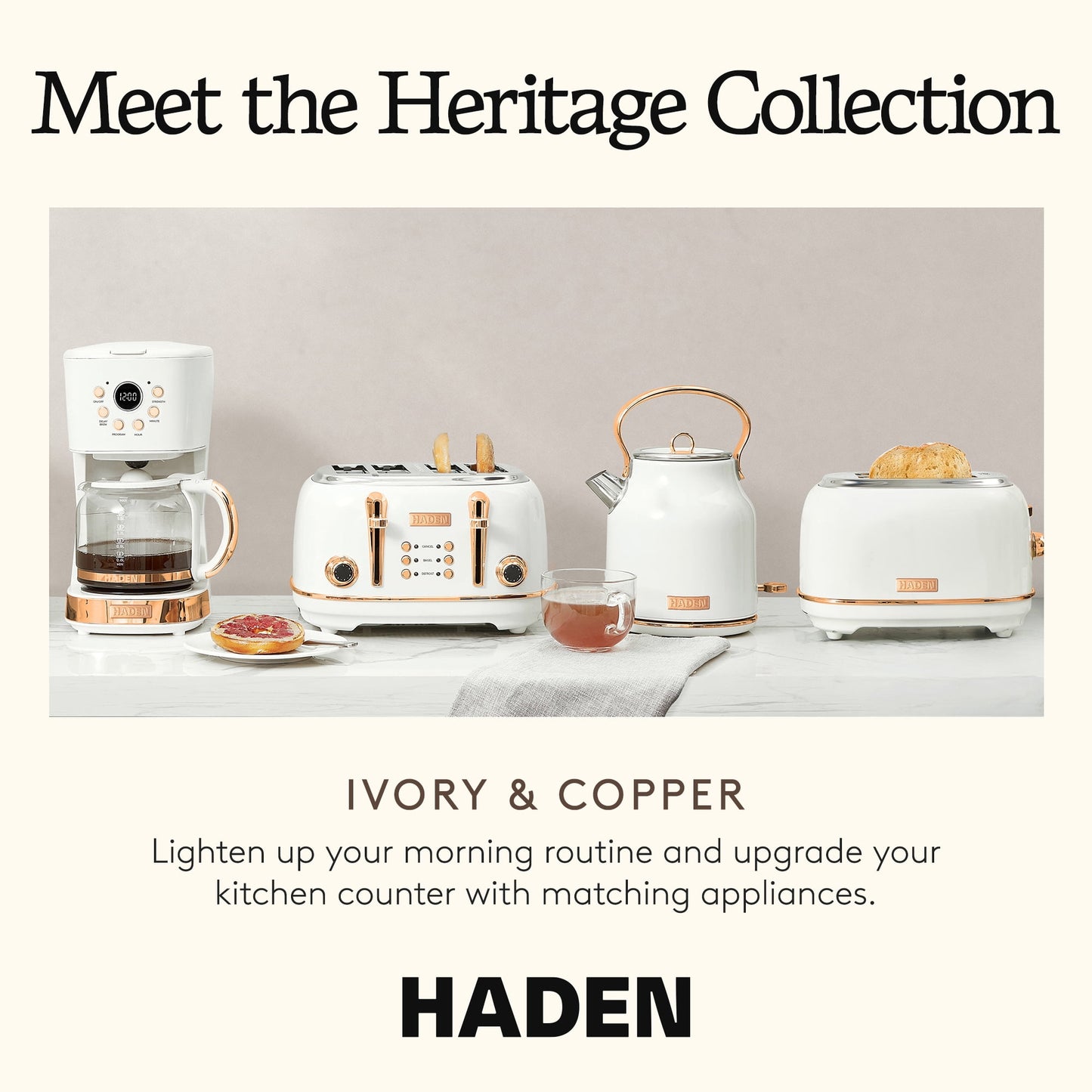 Haden Coffee Maker &amp; Heritage 1.7 Liter Electric Kettle, Ivory &amp; Copper