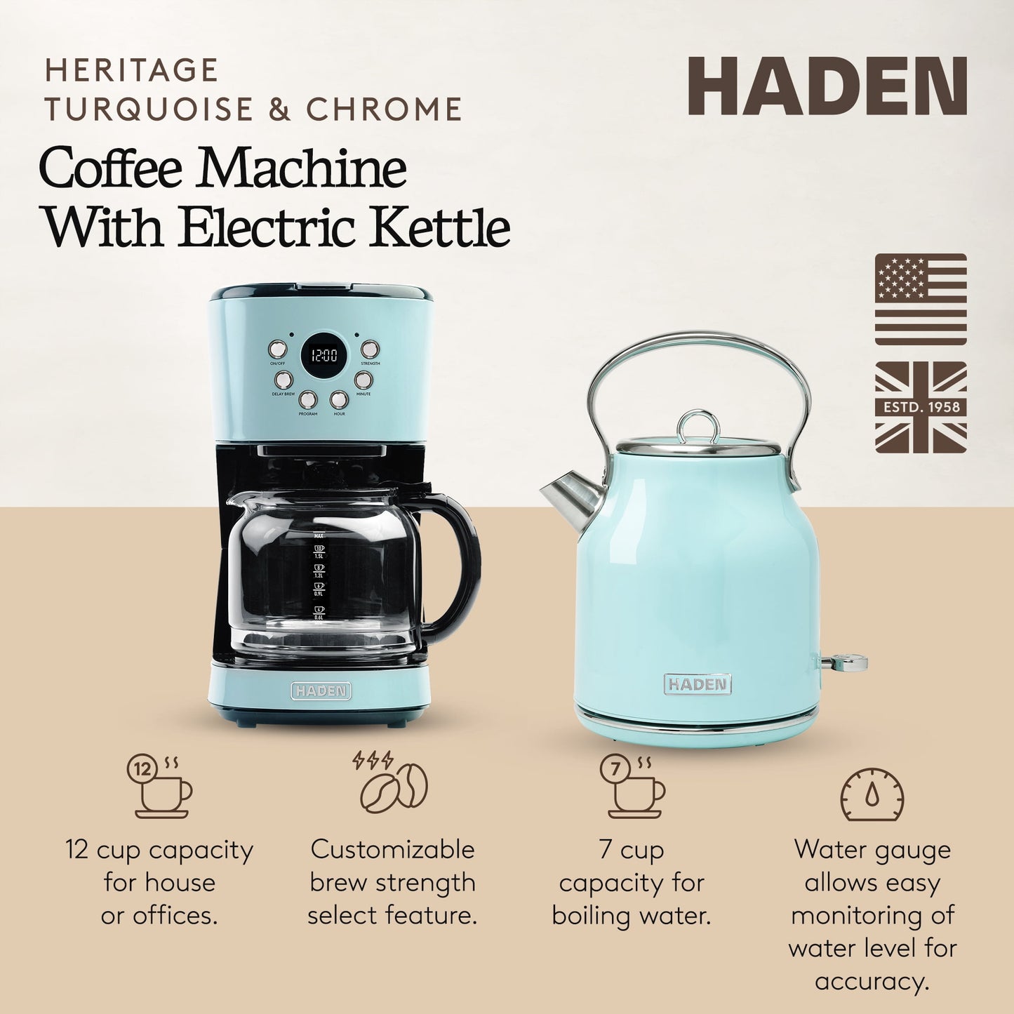 Haden Coffee Maker &amp; Heritage 1.7 Liter Electric Kettle, Ivory &amp; Copper